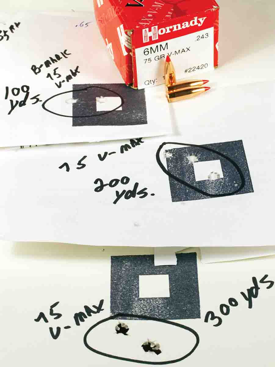 Hornady 75-grain V-MAX bullets from a Cooper Model 22 .243 Winchester provided these groups at 100, 200 and 300 yards.